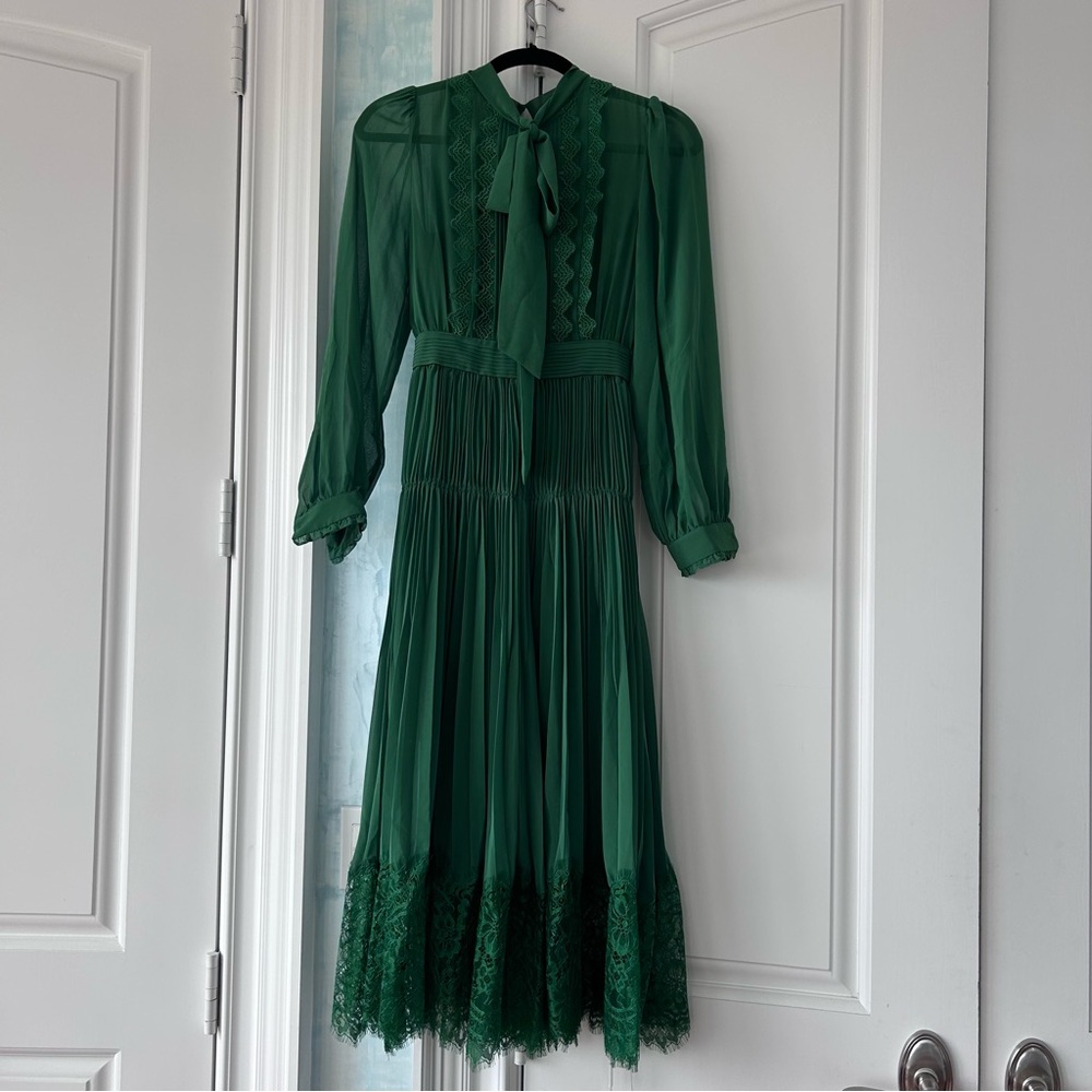 Self Portrait Elegant Green Lace Trim Dress
